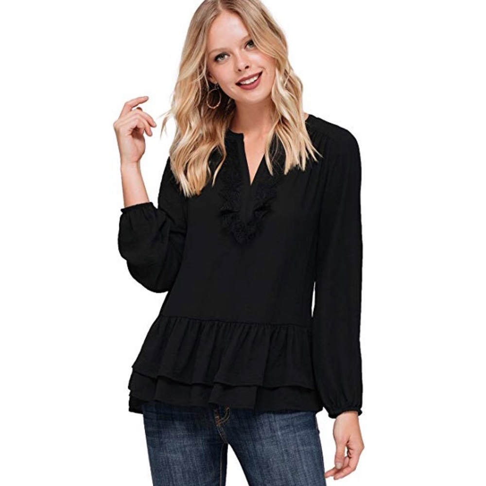 Pleione Black Blouse Peplum Hem Lace Bib V-Neck